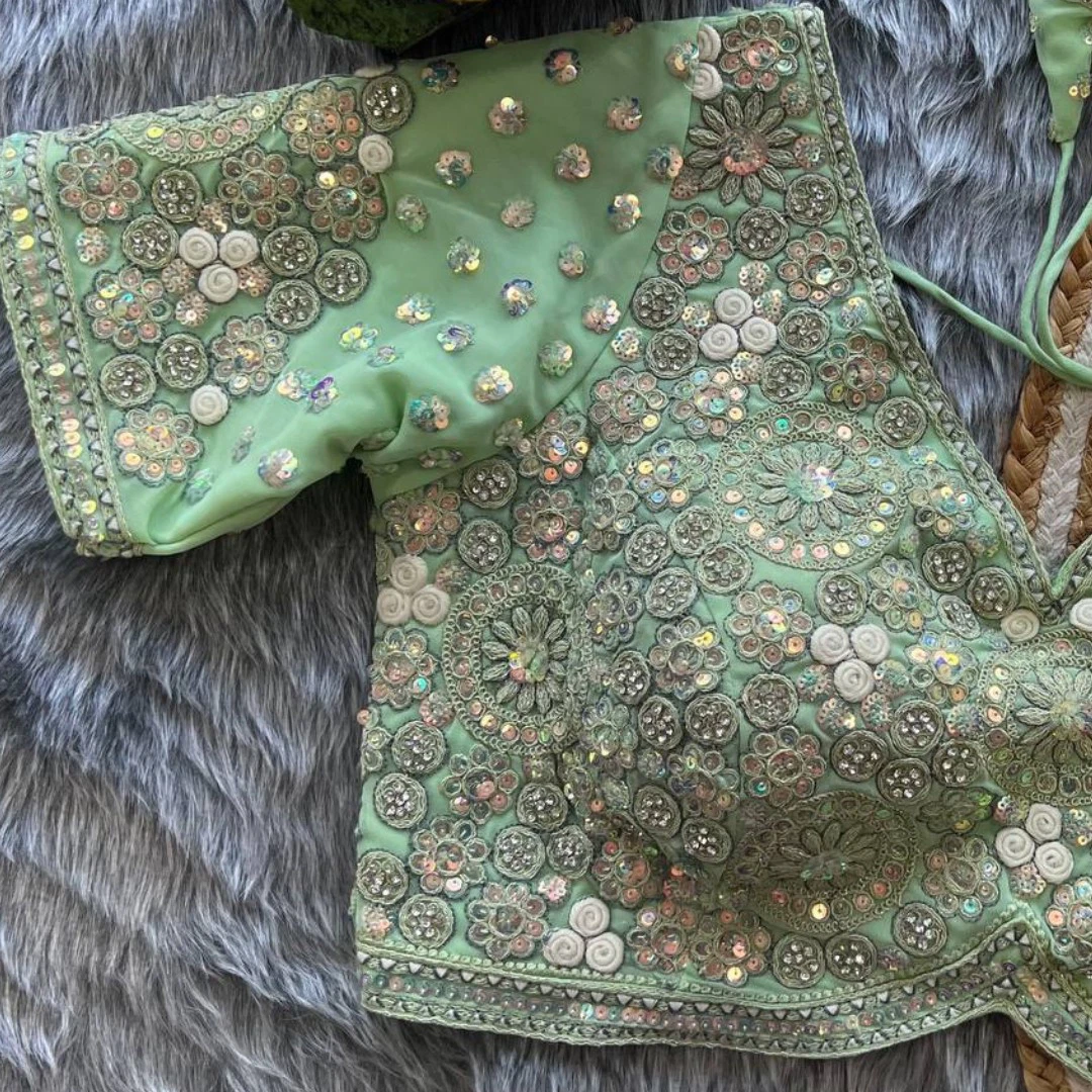 Light Green Embroidery And Diamonds Work Bridal Wedding Blouse