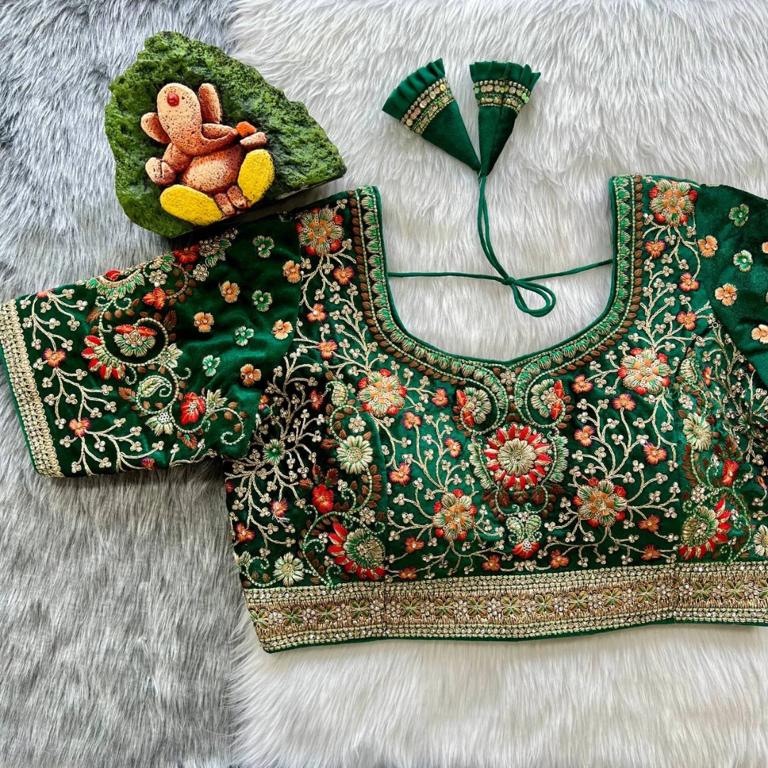 Green Color Heavy Velvet Real Diamond Work Blouse