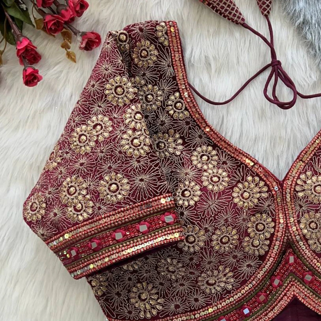 Maroon Color Velvet Elegance Bridal Blouse With Heavy Embroidery