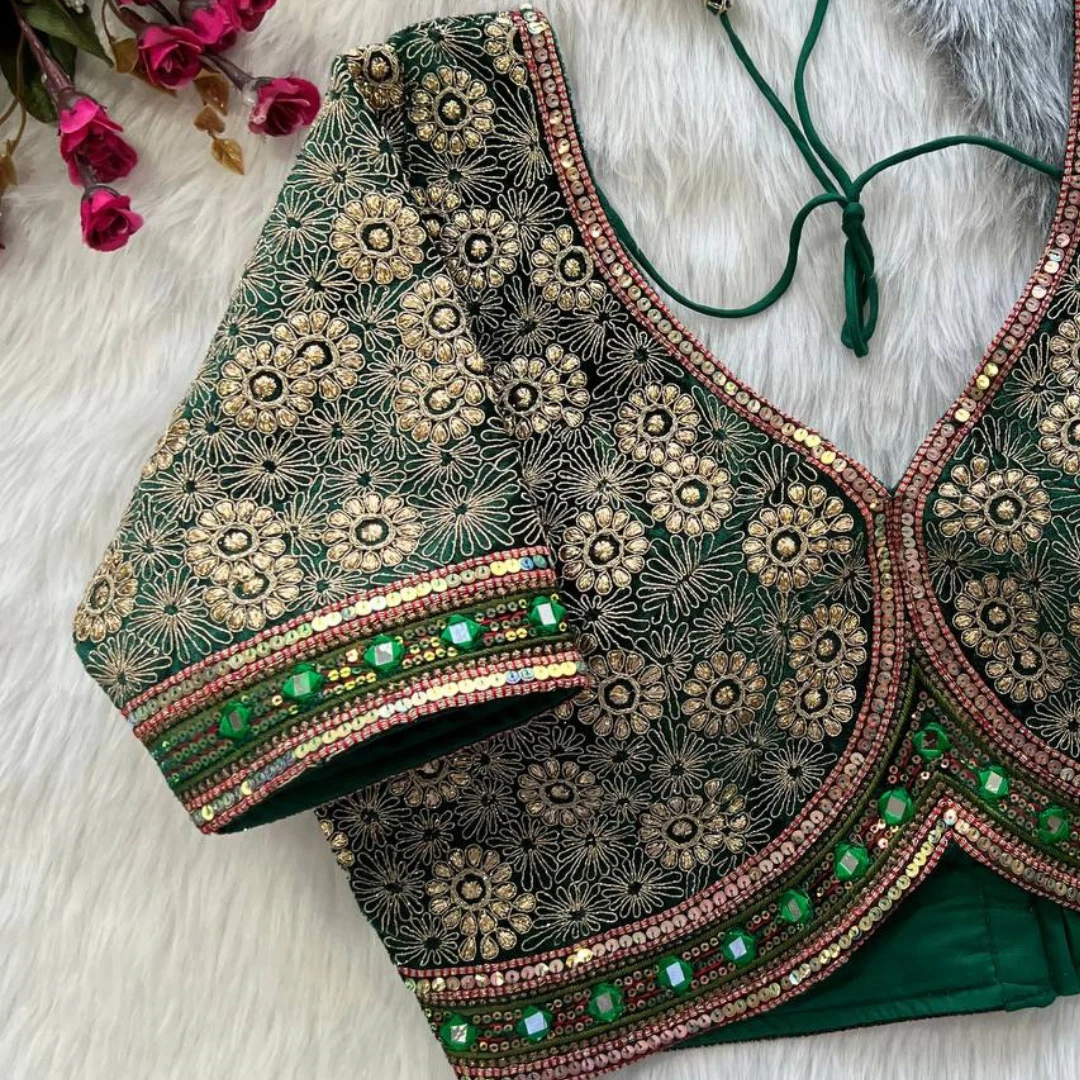 Green Color Velvet Elegance Bridal Blouse With Heavy Embroidery