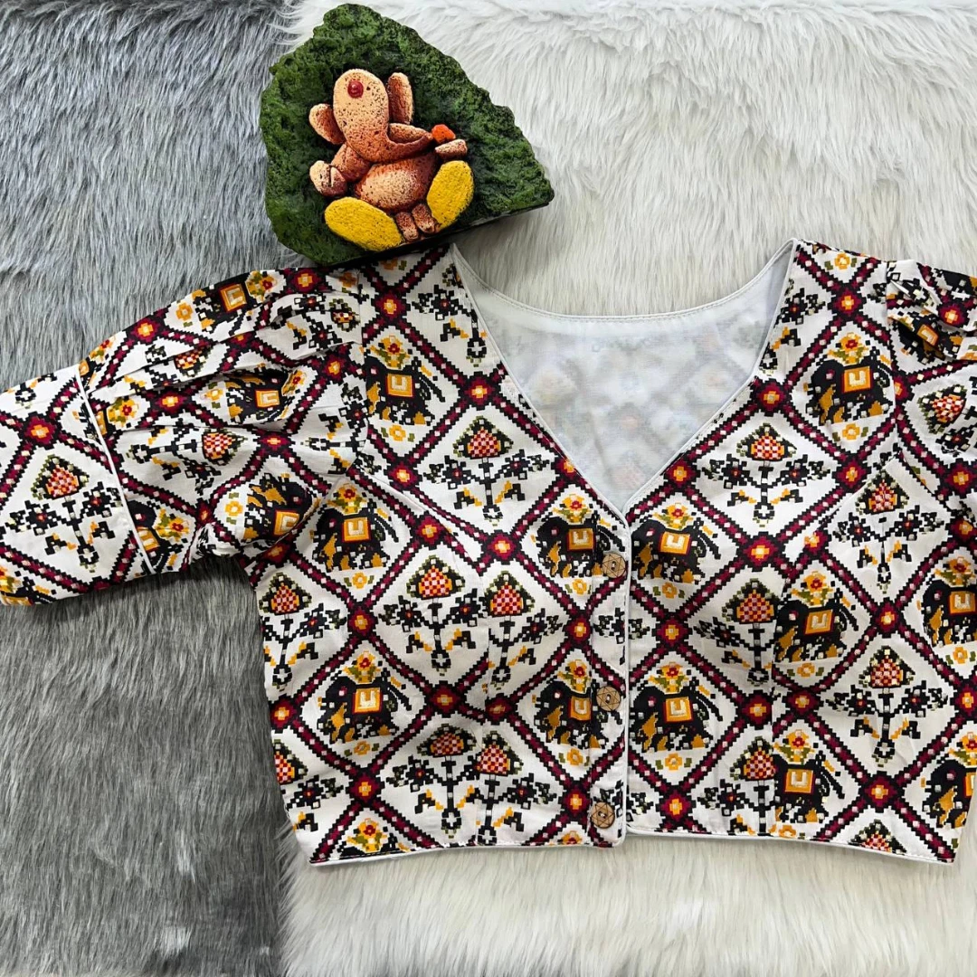 White Puff Sleeve Patola Print Cotton Blouse