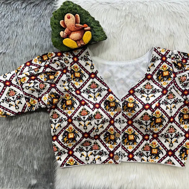 White Puff Sleeve Patola Print Cotton Blouse