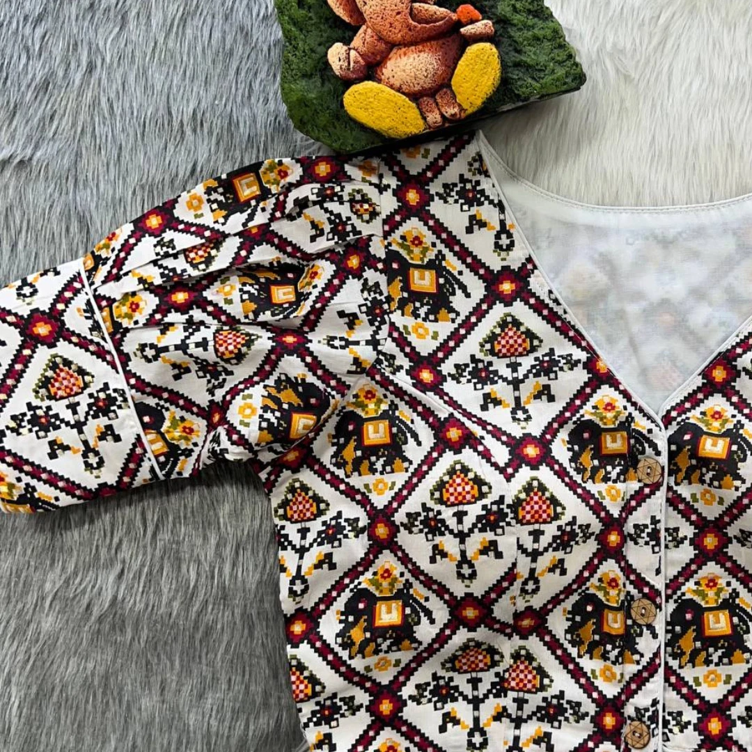 White Puff Sleeve Patola Print Cotton Blouse