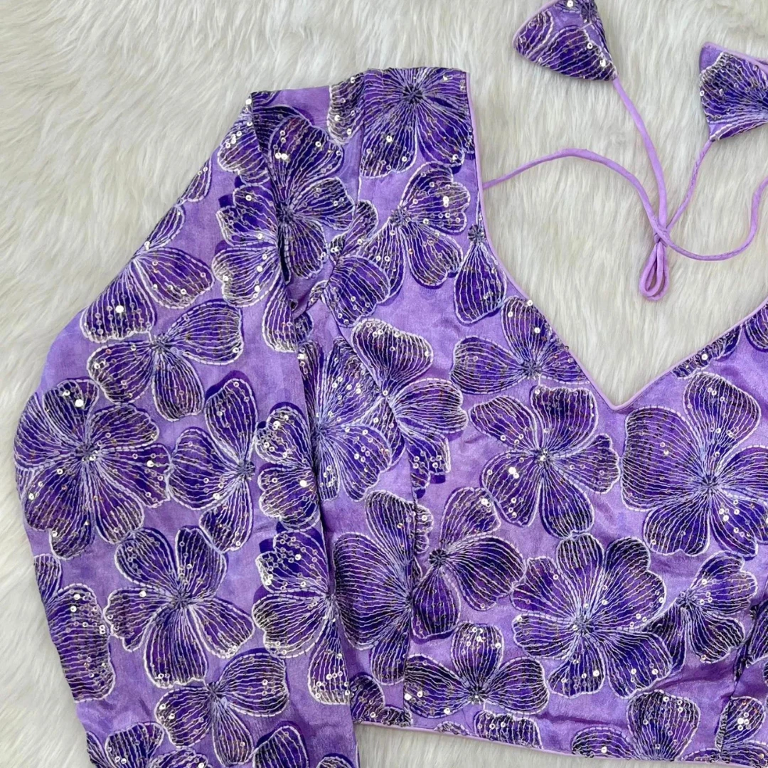 Lavender Color Pure Chinon Position Print Blouse with Open-Back Design