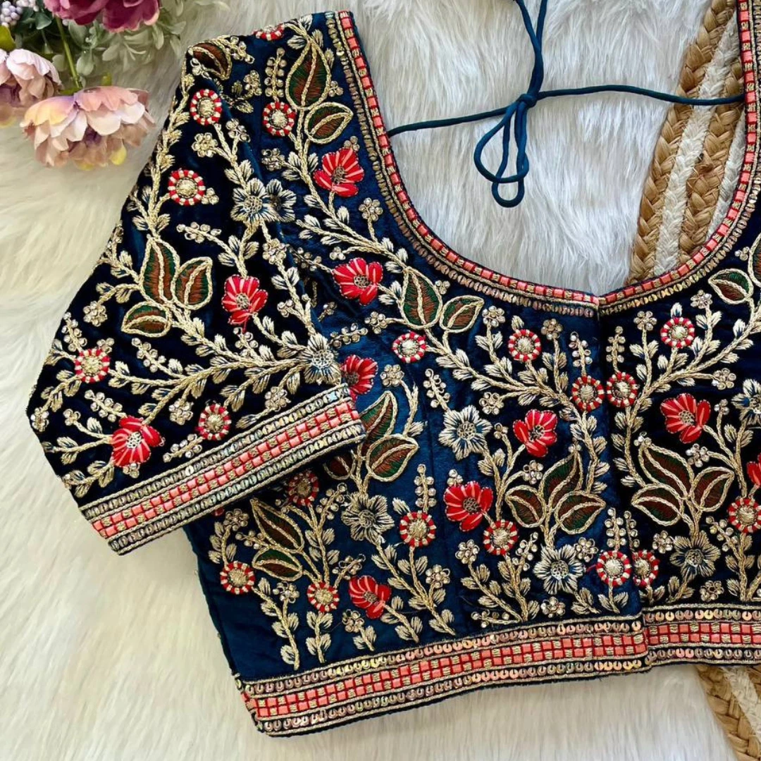 Morpeach Color Heavy Embroidery and Real Diamond Blouse with Front Open Style