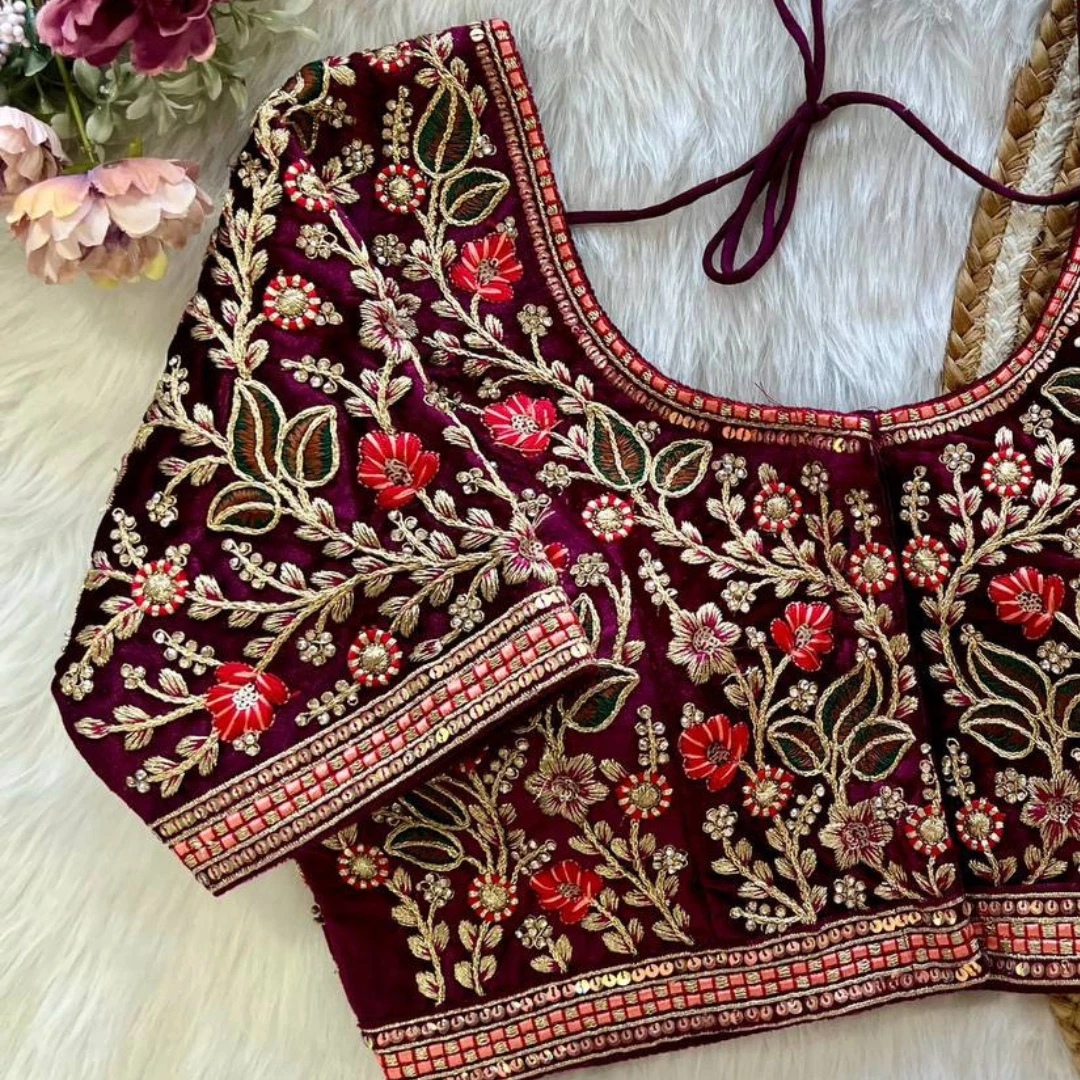 Wine Color Heavy Embroidery and Real Diamond Blouse with Front Open Style