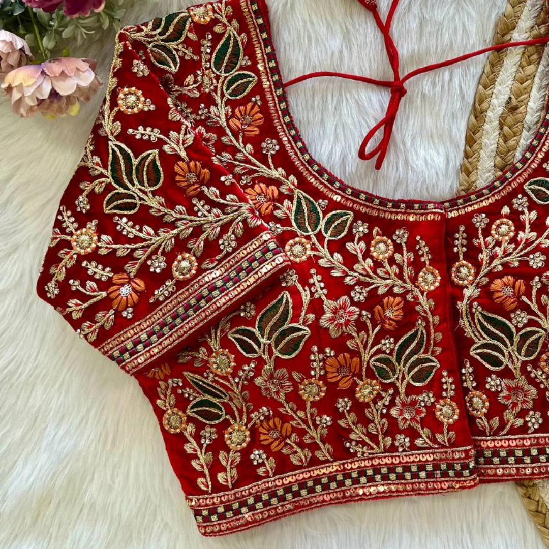 Red Color Heavy Embroidery and Real Diamond Blouse with Front Open Style