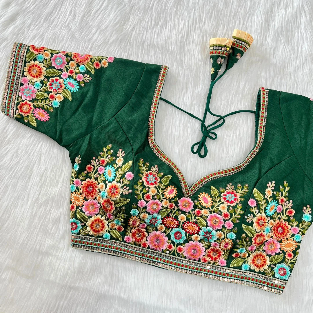 Green Color Navratri Special Nidal Multi Work Blouse in Heavy Timo Silk