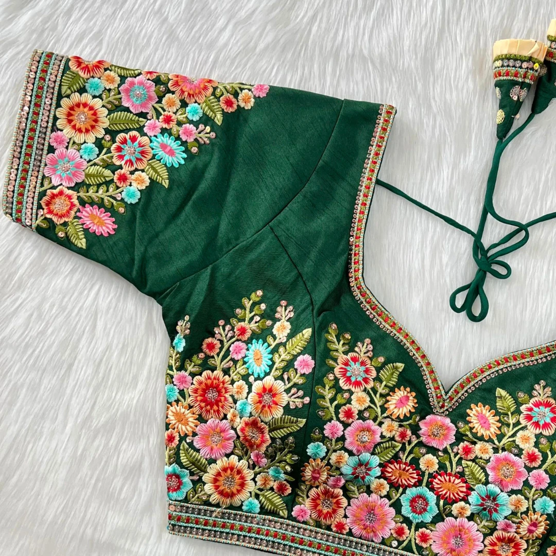 Green Color Navratri Special Nidal Multi Work Blouse in Heavy Timo Silk