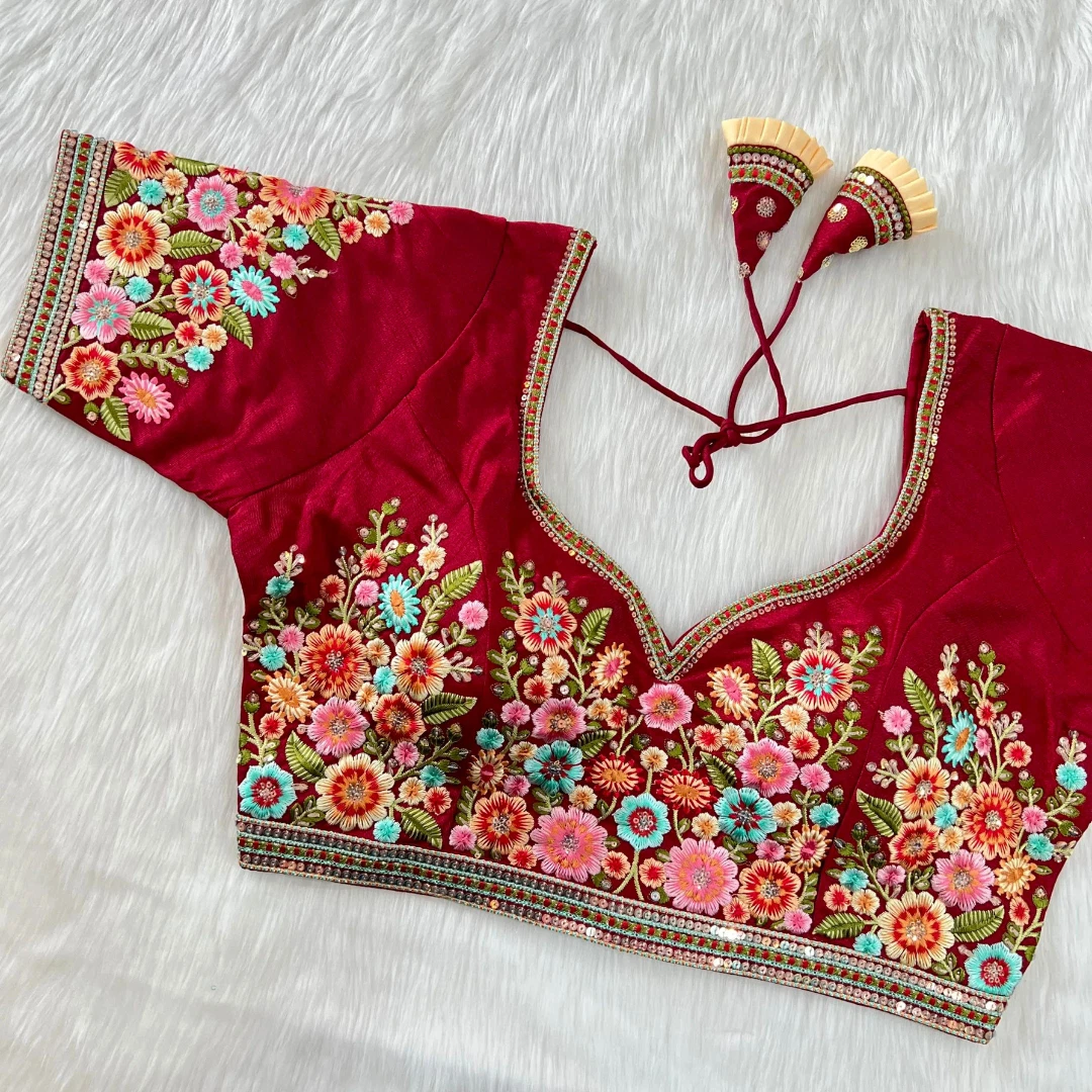 Maroon Color Navratri Special Nidal Multi Work Blouse in Heavy Timo Silk