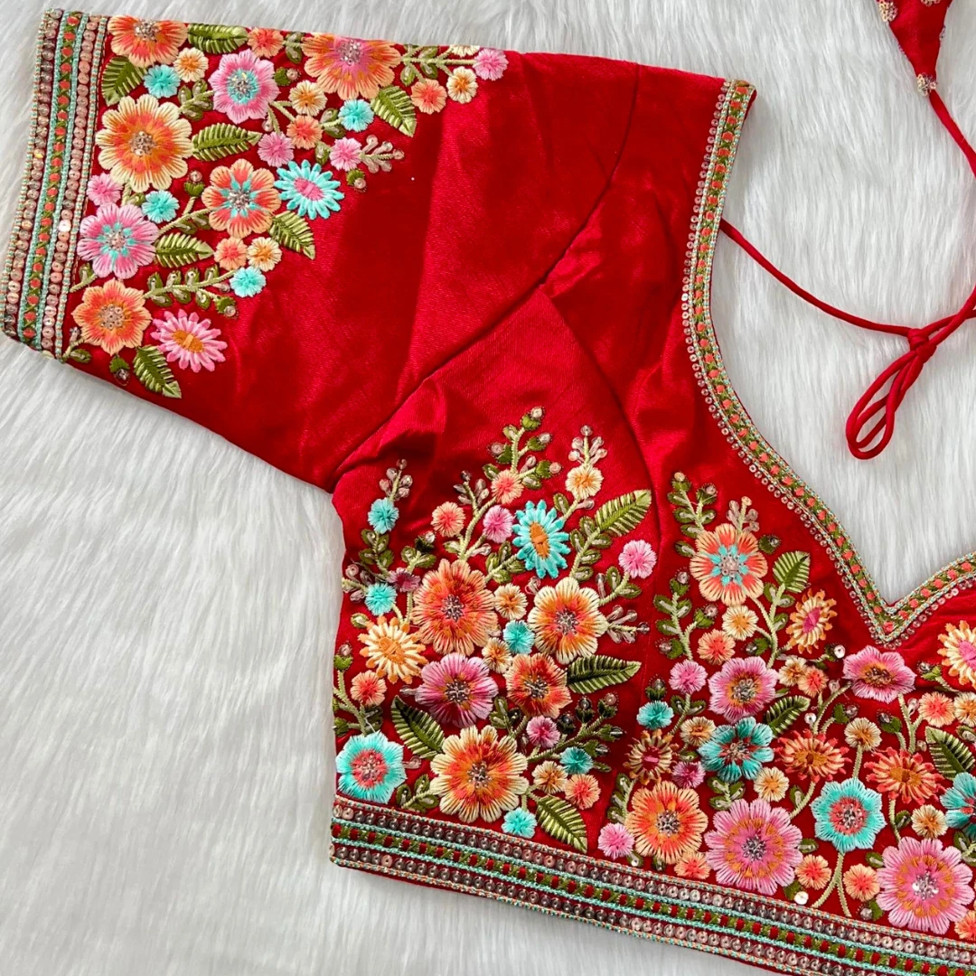 Red Color Navratri Special Nidal Multi Work Blouse in Heavy Timo Silk