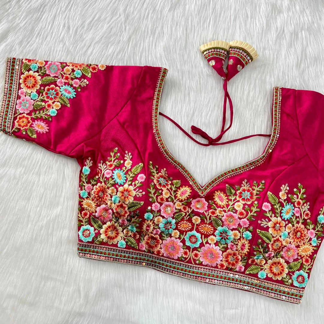 Rani Pink Color Navratri Special Nidal Multi Work Blouse in Heavy Timo Silk