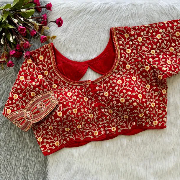 Red Heavy Embroidery Work Timo Silk Bridal Blouse