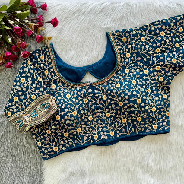 Blue Colour Timo Silk Blouse with Stylish Back Cutwork