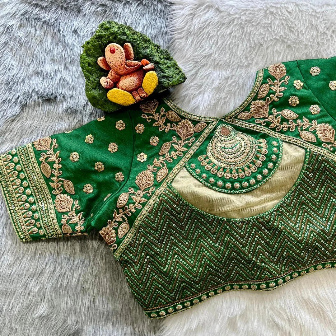 Green Color Gold Jari & Rainbow Embroidery Wedding Blouse