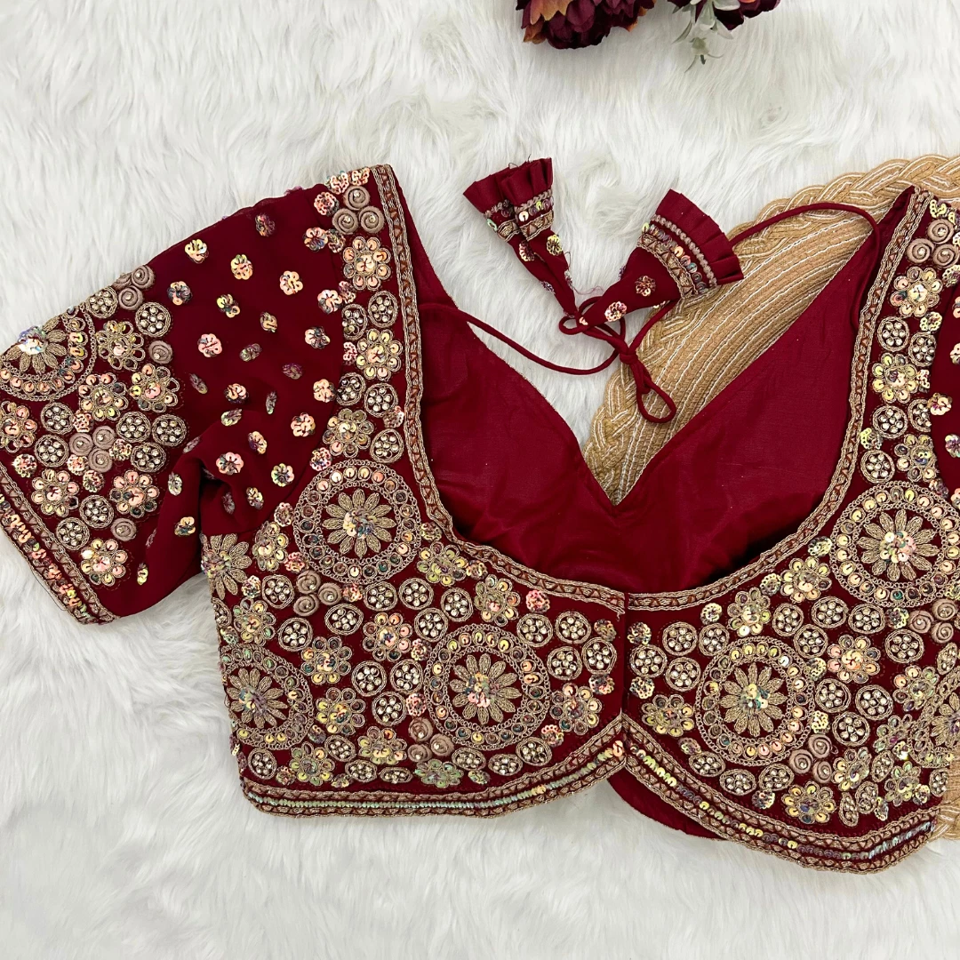 Maroon Embroidery And Diamonds Work Bridal Wedding Blouse