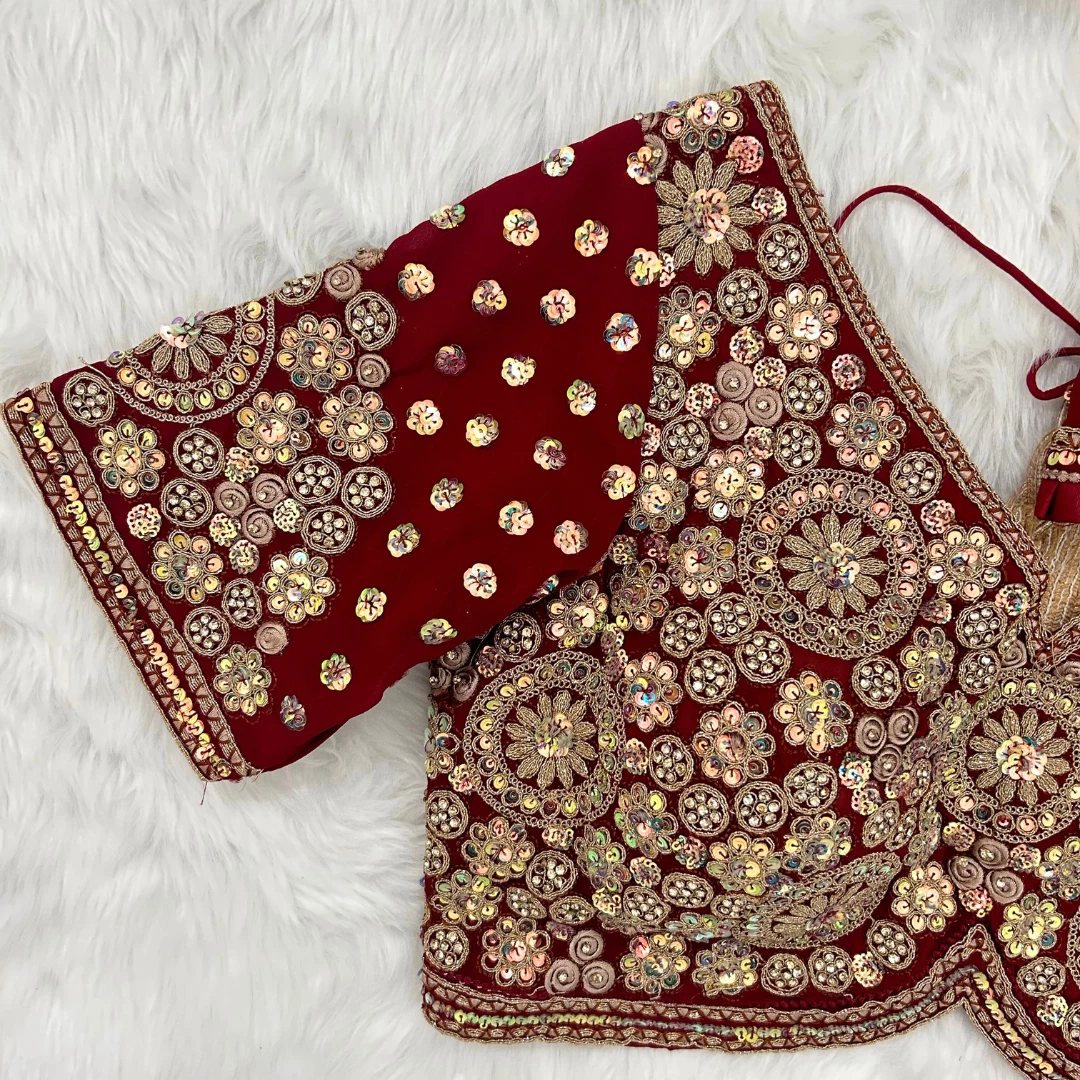 Maroon Embroidery And Diamonds Work Bridal Wedding Blouse