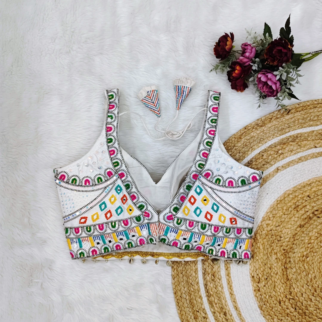 White Color Handwork Kutchi Work Blouse