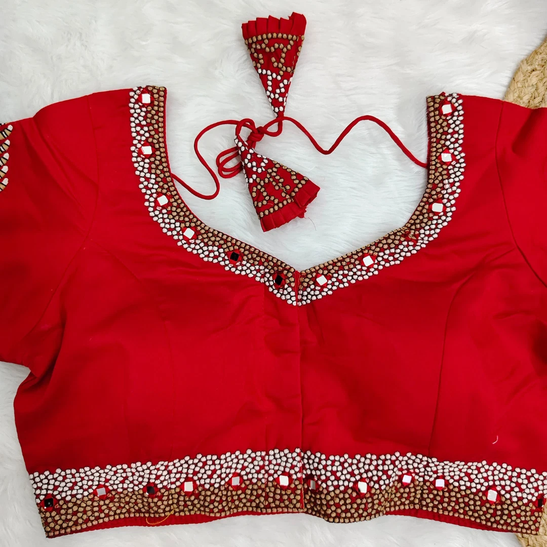 Red Color Heavy Thread Embroidery Handcrafted Blouse with Hand Work