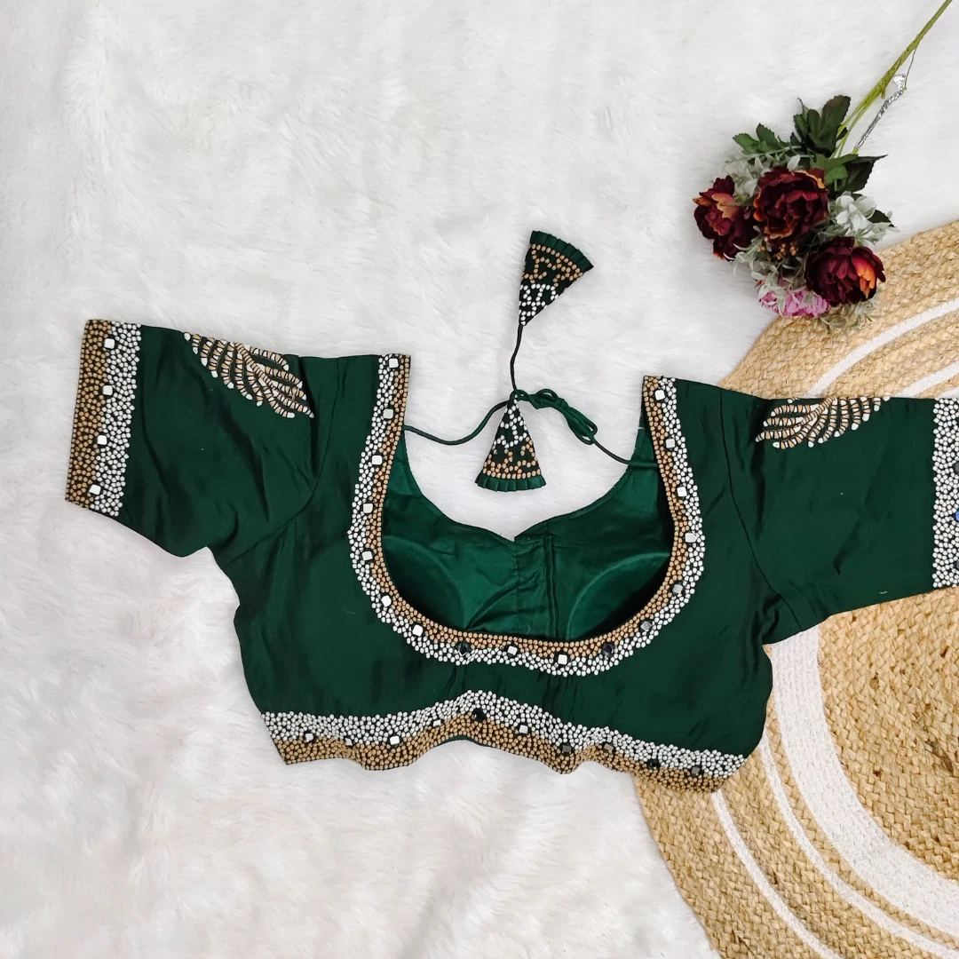 Dark Green Color Heavy Thread Embroidery Handcrafted Blouse with Hand Work