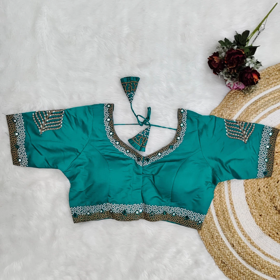 Torques  Green Color Heavy Thread Embroidery Handcrafted Blouse with Hand Work