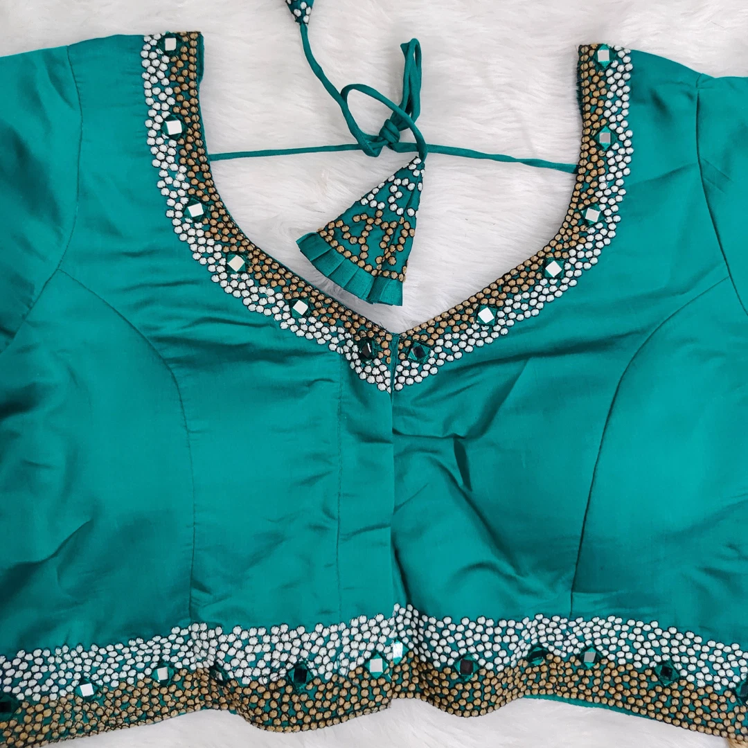 Torques  Green Color Heavy Thread Embroidery Handcrafted Blouse with Hand Work