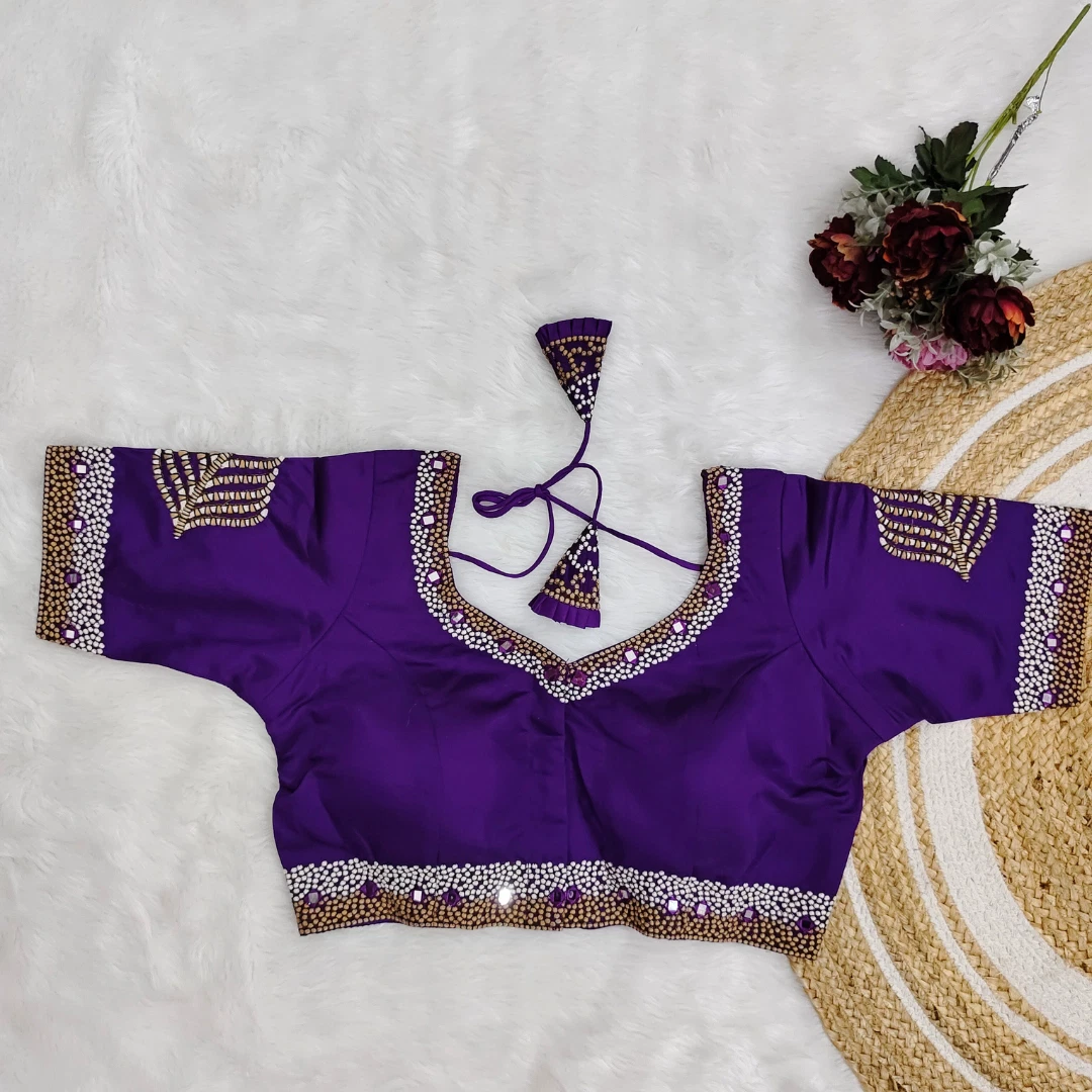 Violet Color Heavy Thread Embroidery Handcrafted Blouse With Hand Work