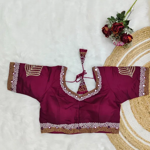 Wine Color Heavy Thread Embroidery Handcrafted Blouse With Hand Work