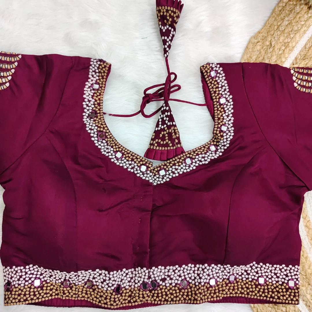 Wine Color Heavy Thread Embroidery Handcrafted Blouse With Hand Work