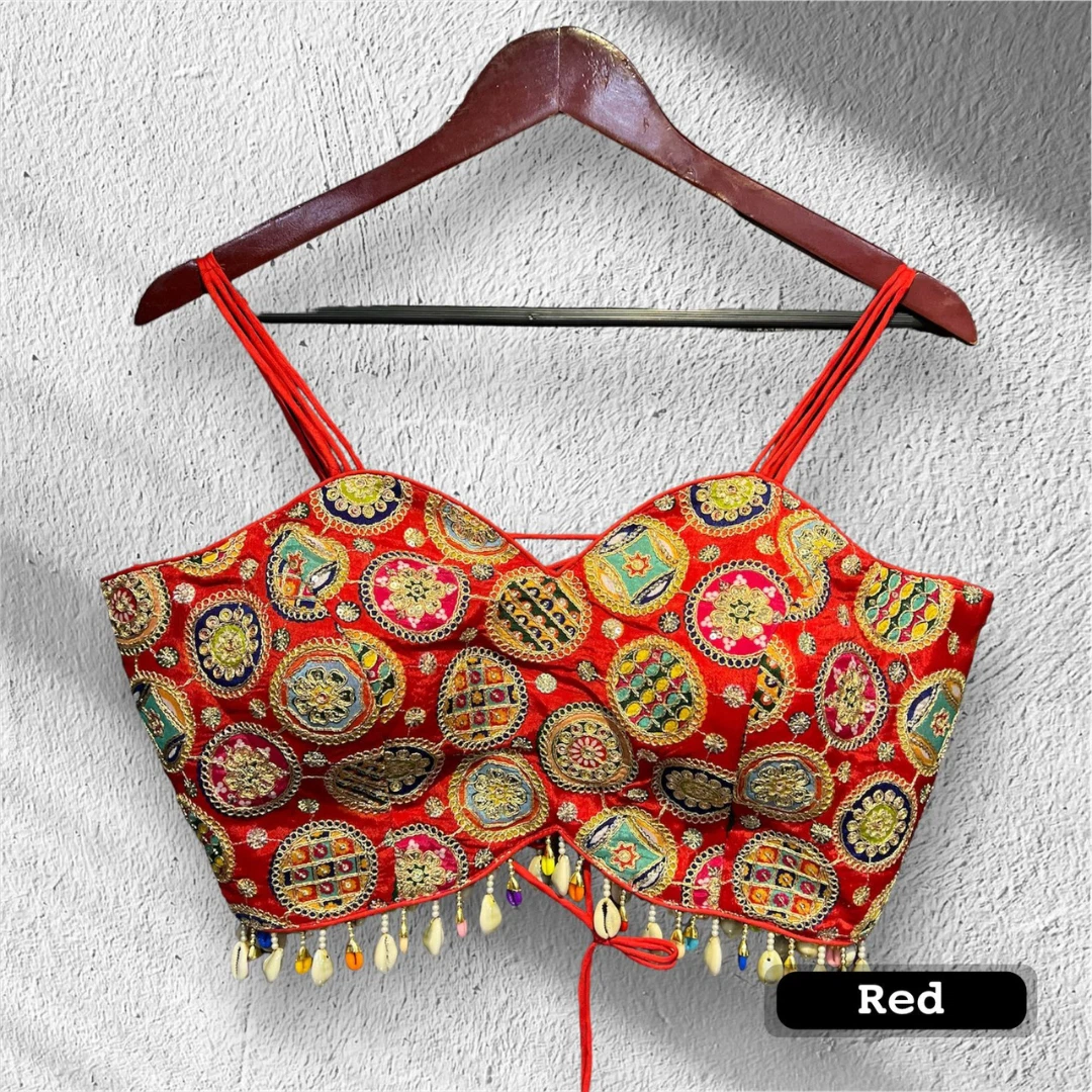 Red Colour Navratri Special Spaghetti Style Real Shell Blouse