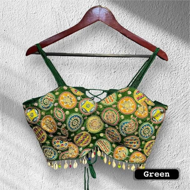 Green Colour Navratri Special Spaghetti Style Real Shell Blouse