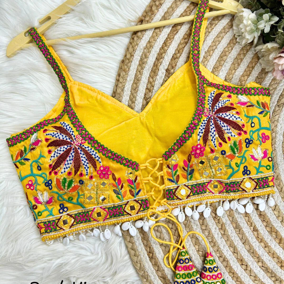 Yellow Color Traditional Navratri Special Spaghetti Blouse with Kaudi Lace