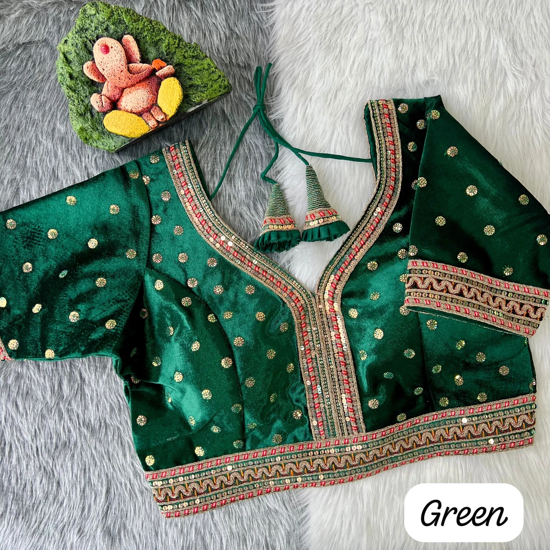 green Color Heavy Velvet Bridal Blouse with Embroidery & Glitter Work