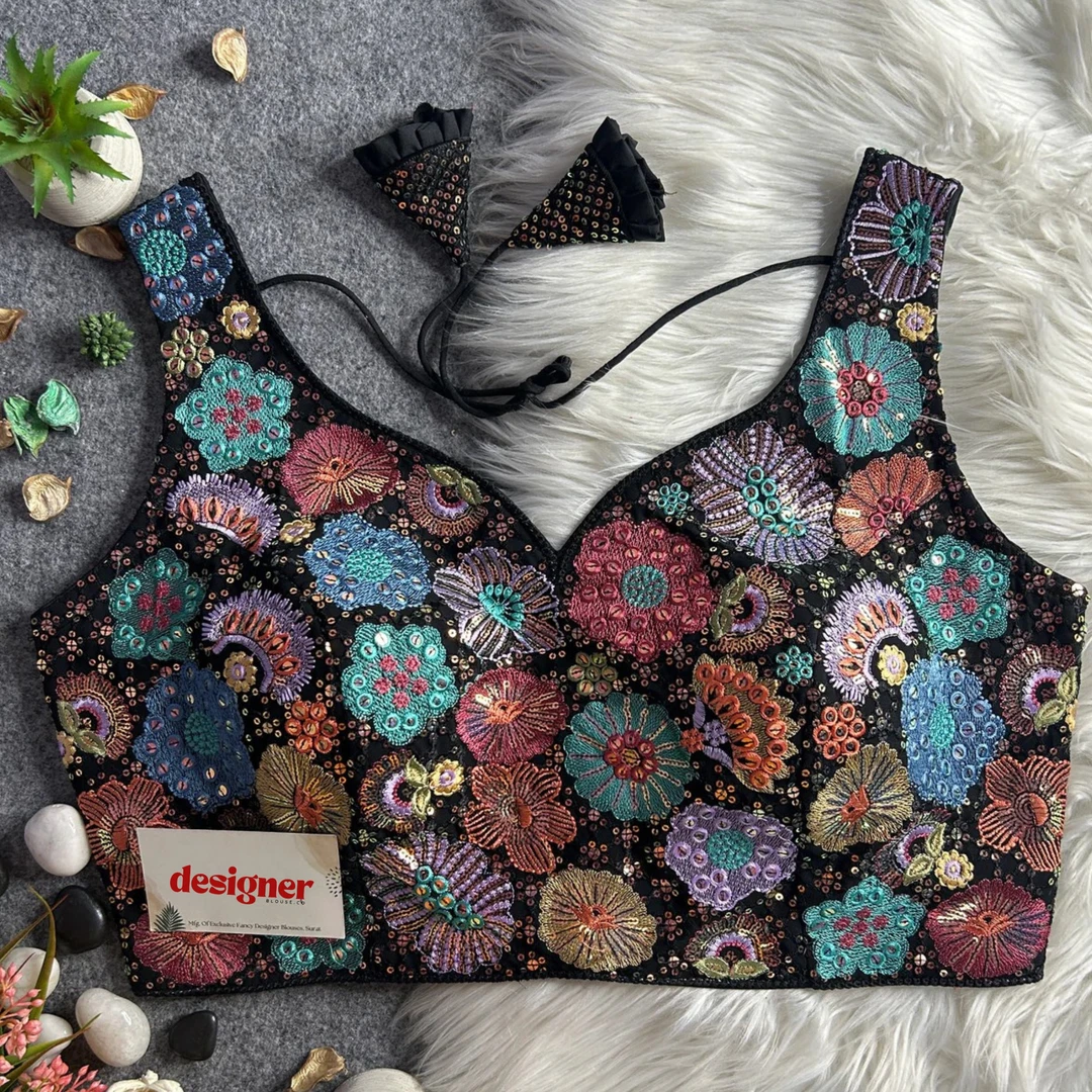 Black Royal Heavy Multi-Thread & Sequin Embroidery Georgette Blouse