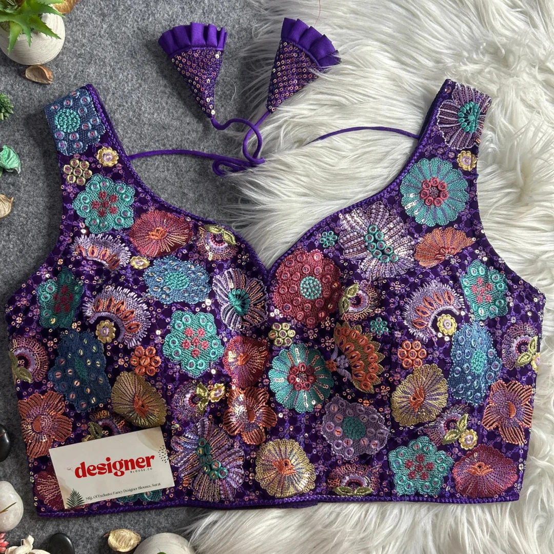 Purple Royal Heavy Multi-Thread & Sequin Embroidery Georgette Blouse