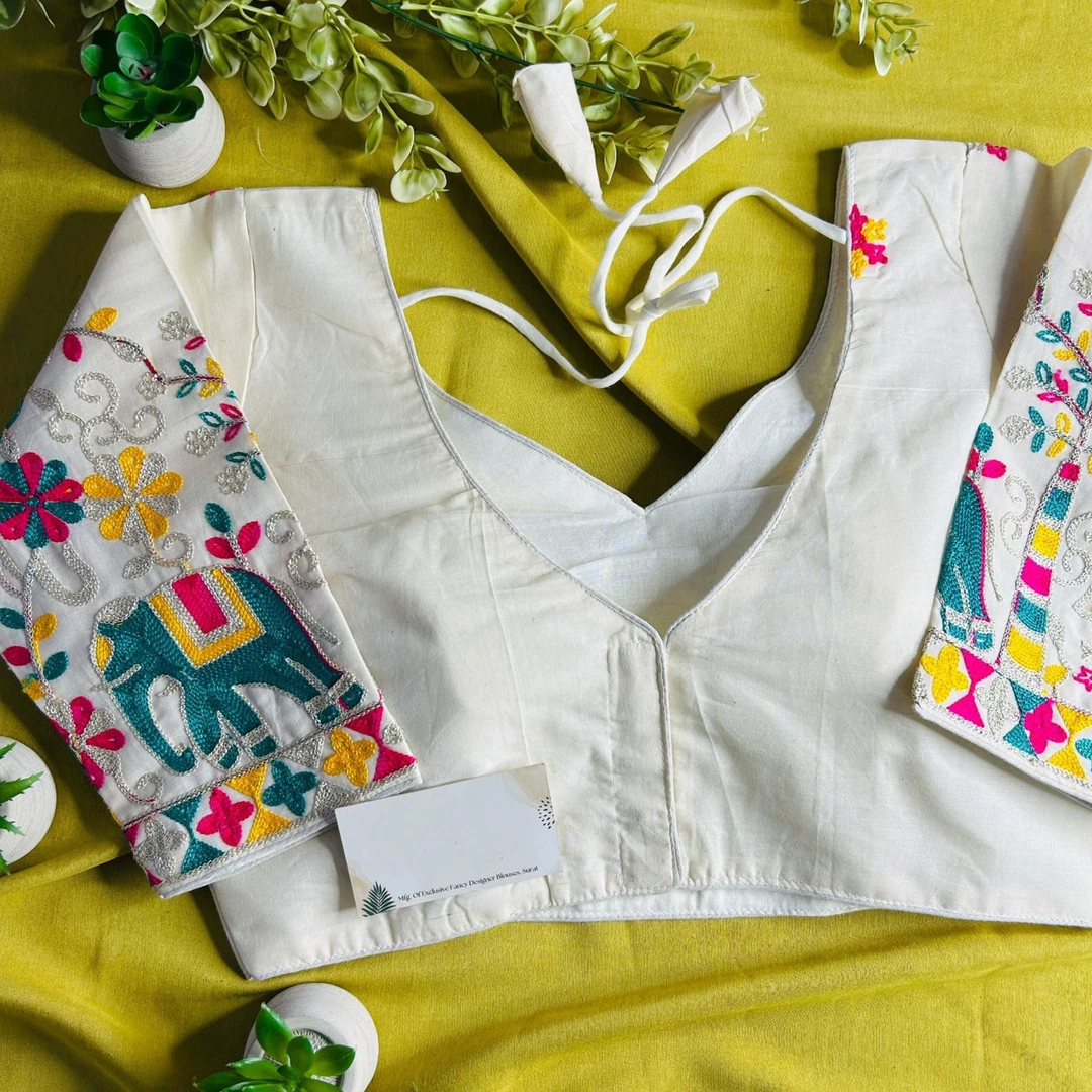 White Heavy Thread Embroidery Work 15+ Inch Sleeves Designer Khadi Blouse
