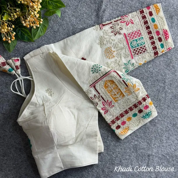 White Heavy Thread Embroidery Work 15+ Inch Sleeves Designer Khadi Blouse