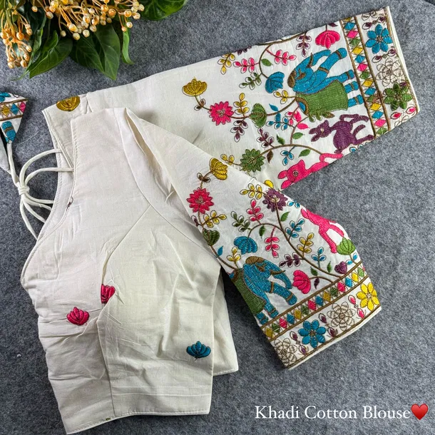 White Heavy Thread Embroidery Work 15+ Inch Sleeves Designer Khadi Blouse