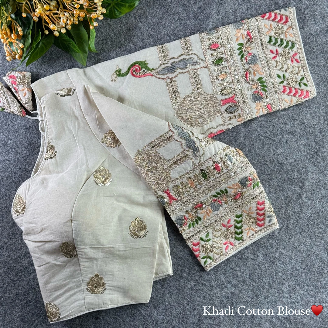 White Heavy Thread Embroidery Work 15+ Inch Sleeves Designer Khadi Blouse