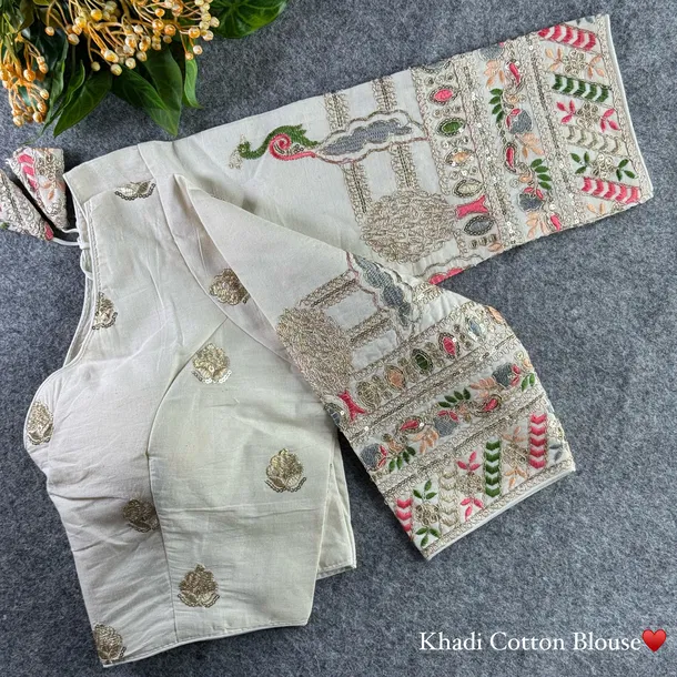 White Heavy Thread Embroidery Work 15+ Inch Sleeves Designer Khadi Blouse