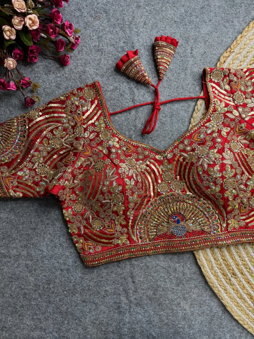 Red Italian Silk Codding Sequence Peacock Work Bridal Blouse