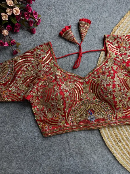 Red Italian Silk Codding Sequence Peacock Work Bridal Blouse