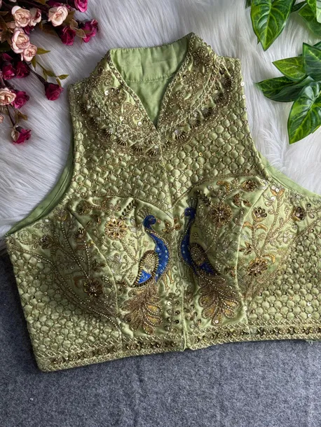 Pista Green Color Halter Neck Handwork Peacock Blouse