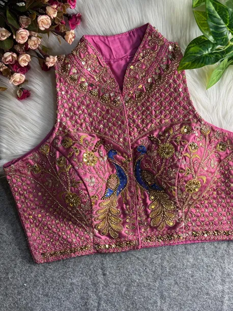 Pink Color Halter Neck Handwork Peacock Blouse
