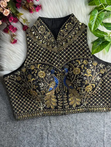 Black Color Halter Neck Handwork Peacock Blouse