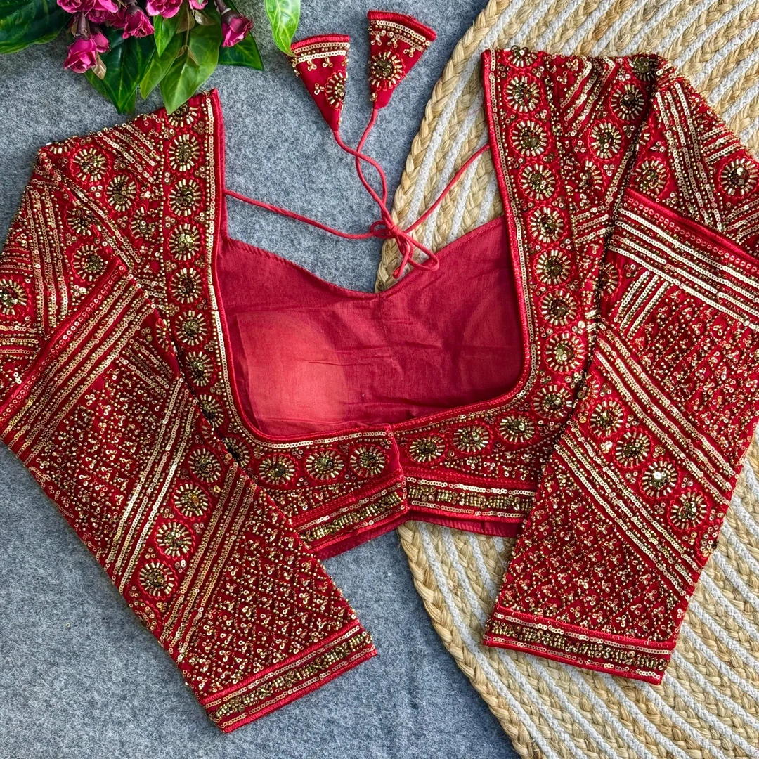 Red Color Heavy Beads Work Full Sleeve Georgette Blouse