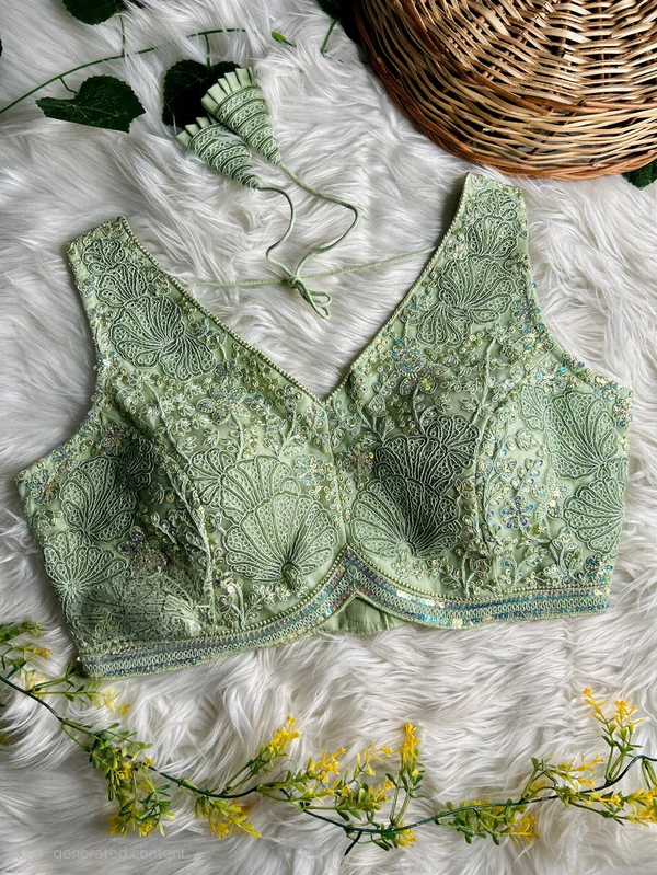 Pista Green Colour Designer Partywear Net Blouse