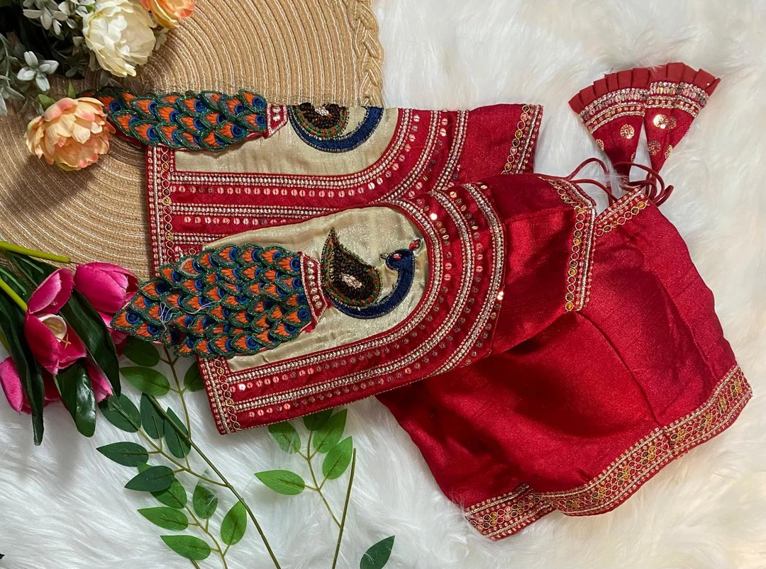 Red Color 3D Peacock Italian Silk Blouse