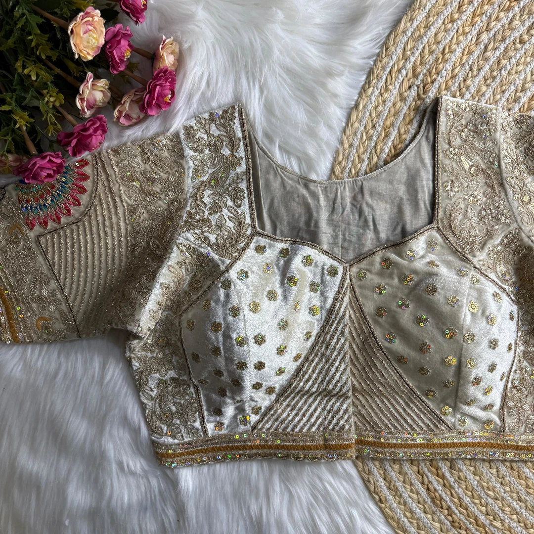 White Velvet Embroidery and Diamond Handwork Bridal Blouse