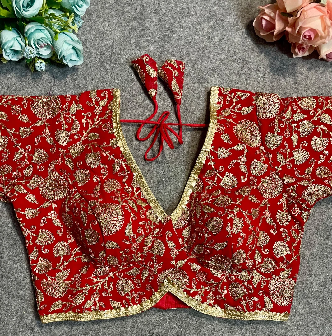 Red Thread Work Deep Neck Embroidered Blouse